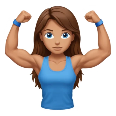 Girl with long brown hair, blue eyes and really muscular arms, flexing her muscles. Wearing a tank top sticker