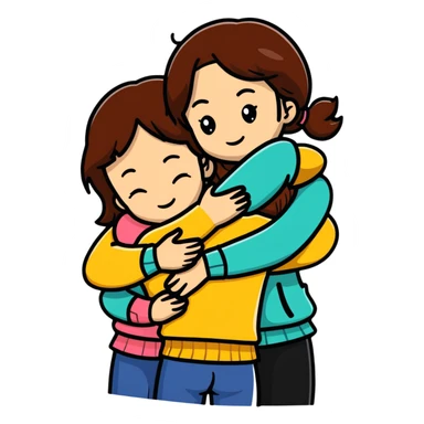 two girls hugging, one with brown hair sticker