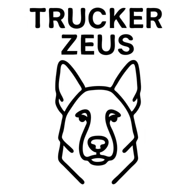 dark German Shepherd dog with the words 'Trucker Zeus' over top, bold and clear, logo style sticker