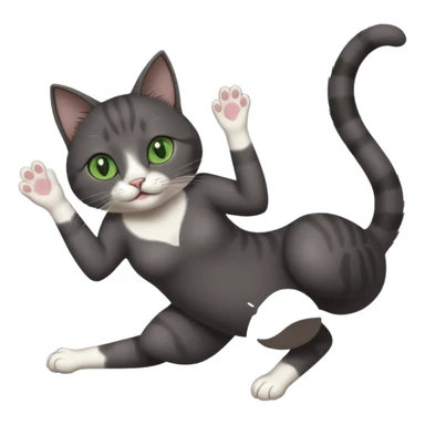 beautiful female solid dark grey cat with green eyes, white toes/paws and white patch on her chest playfully rolling upside down sticker