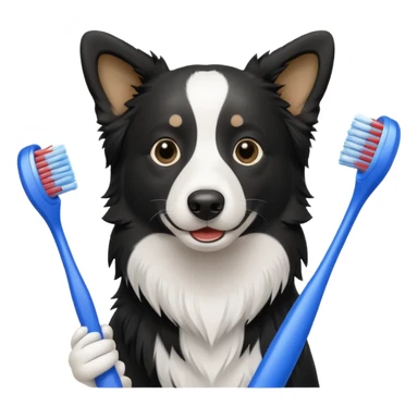 border collie black and white holding a blue toothbrush sticker