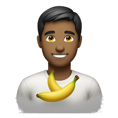 Handsome young man smiling emoji. Closed eyes, slightly blushing cheeks. Short black hair. Big smile. Wearing a t-shirt with a banana on it. Playful expression with a slight touch of defiance sticker