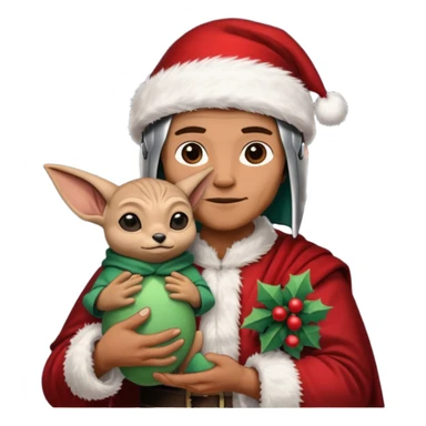 mandalorian holding grogu wearing santa hat sticker