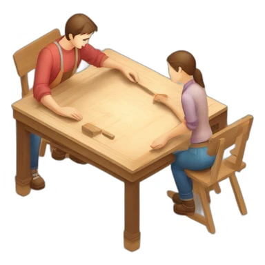 isometric square transparent solid outline border containing woodworking teacher with student teaching in creative workshop on long table sticker