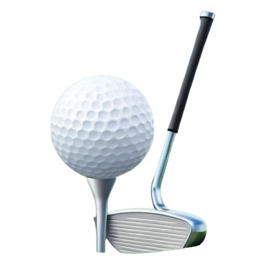 A golf ball on a tee, with a golf club placed beside it on the lush green fairway. The background shows a serene golf course with neatly trimmed grass and a clear blue sky, emphasizing the elegance and precision of the game. sticker