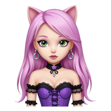 pretty bratz girl, long straight LIGHT pink HAIR, jade kitten eyes, black eyeliner, pale skin, purple corset clothes with laces sticker