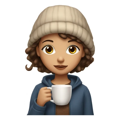 A girl is drinking coffe in a cozy place and she is wearing Thick clothes.She is brunette and her eyelashes are very beautiful,she has a pretty makeup,her eyes are brown. sticker