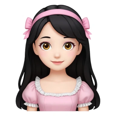 pale girl with medium length black hair, brown eyes, doll-like hime makeup, wearing a light pink hime dress, emoji style, smiling sticker
