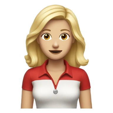 Blond female with medium length hair  wearing  a red dog collar sticker