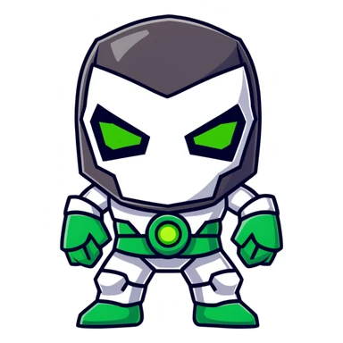 Doctor Doom standing tall with bright green eyes behind metal mask sticker