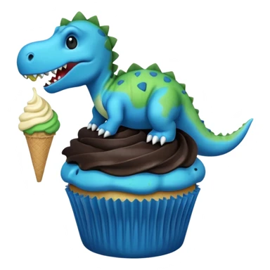 A cupcake having blue and black icing and a dinosaur as a decoration and ice cream next to it sticker