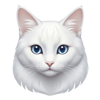 Cinematic Noble White Cat Portrait Emoji, Poised and stately, with a pristine, snow-white fur accented by delicate hints of silver, refined whiskers and a serene, focused gaze, simplified yet impeccably detailed, glowing with an ethereal radiance and timeless elegance, high shine, exuding calm intelligence and regal simplicity, soft glowing outline, capturing the essence of a noble white cat that radiates quiet majesty! sticker