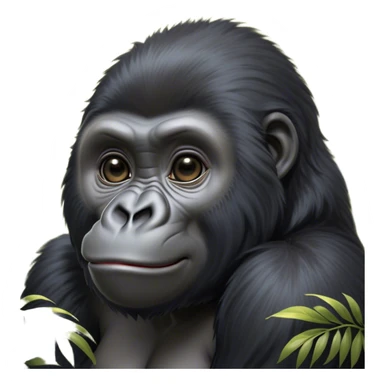 Cinematic Cute mountain Gorilla Portrait Emoji, Head tilted playfully and inquisitively, with a robust build accented by a striking black and grey mane and round, sparkling eyes full of gentle charm, Simplified yet irresistibly adorable features, highly detailed, glowing with a warm, friendly jungle glow, high shine, affectionate and lively, stylized with a touch of endearing primate whimsy, soft glowing outline, capturing the essence of a mischievous yet loving mountain that feels like it could lumber out of the screen into your arms! sticker