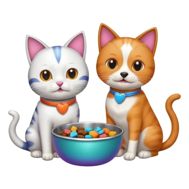 a cat and a dog eating treats from a bowl sticker