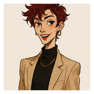 upper body portrait of a slender character with dark red hair and brown eyes, stylish and expressive sticker