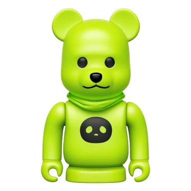 bearbrick toy wearing a neon lime green balaclava with a small black logo sticker