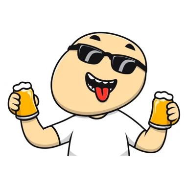 Guy drinking two beers at one time with one in each hand, mouth open and tongue out, sunglasses on sticker