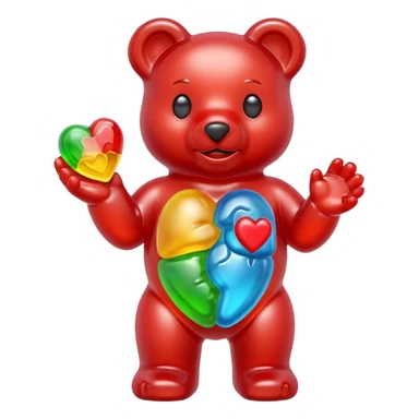 Multicolored gummy bear holding gummy anatomically correct human heart sticker