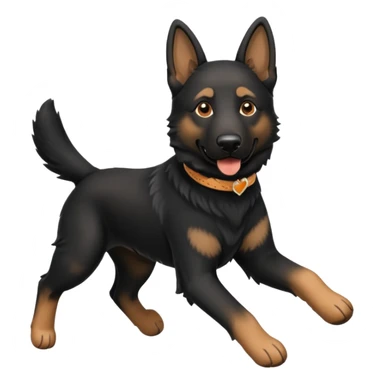 mostly black german shepherd running with toy sticker