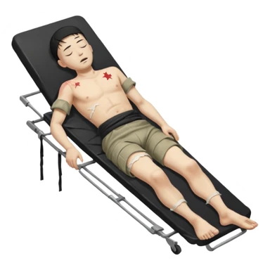 wounded man of oriental appearance, dressed in torn clothes, full length, with closed eyes, head lying on stretcher, in prone position, with injuries on black military stretcher, 1980 sticker