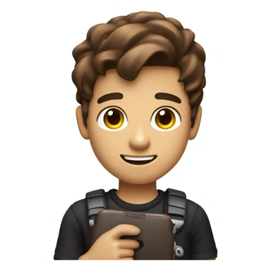 Create an emoji of a boy with brown hair and not-so-brown skin holding a Nintendo Switch and winking sticker