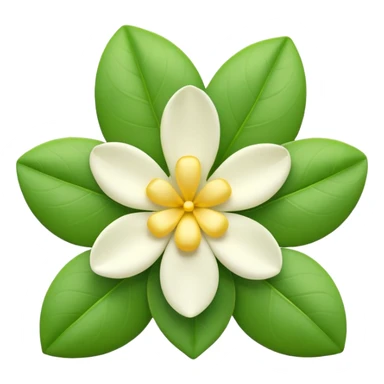 iOS-style 3D emoji: a delicate jasmine flower with five white petals, soft yellow center, and glossy green leaves sticker