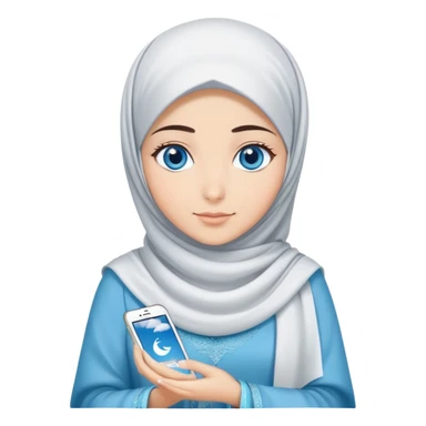 Turkish beautiful finish Konya girl blue eyes with cloudy hijab islamic long tailed dress and had on her hand text Eid Mubarak  sticker