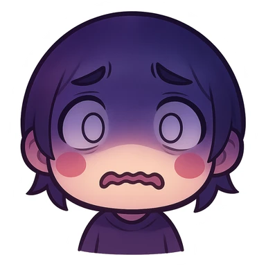 Make the shadow on the upper half much more dramatic and intense, with deep dark blue and purple tones in anime style. Make the face look even more depressed, paranoid, and shadowy, with a trembling frown and wide blank eyes. Keep it minimal, colorful, and emoji-like, no realism or horror. sticker