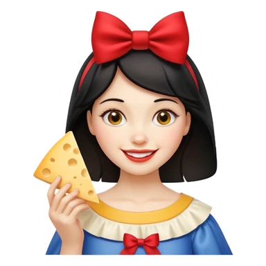  smiling Snow White with red bow holding triangle wedge of cheese sticker