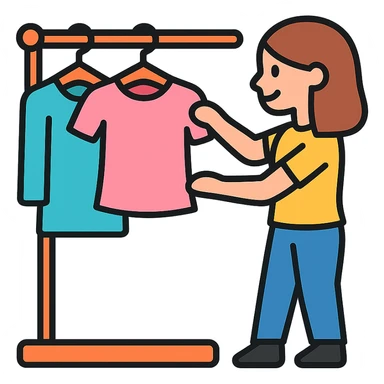 young woman choosing clothes from wardrobe, casual, clean vector art, colorful, clean lines sticker