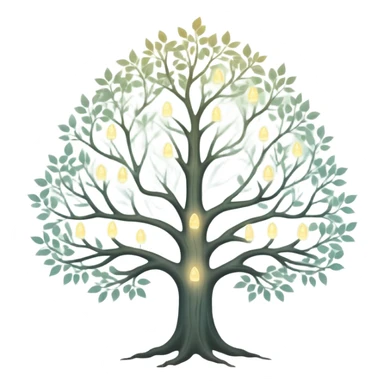 Ethereal family tree with translucent branches connecting glowing ancestor portraits, soft misty background, dreamlike genealogy chart sticker