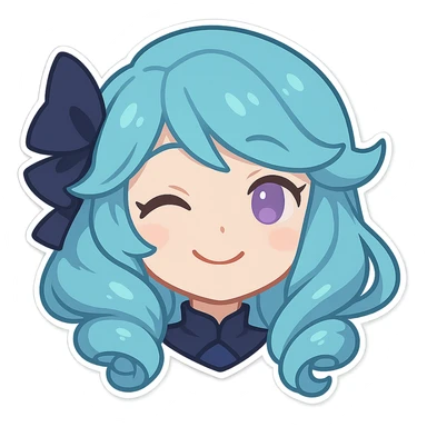 Gwen from League of Legends, happy expression, head only, right eye is purple, chibi style, eyes closed sticker