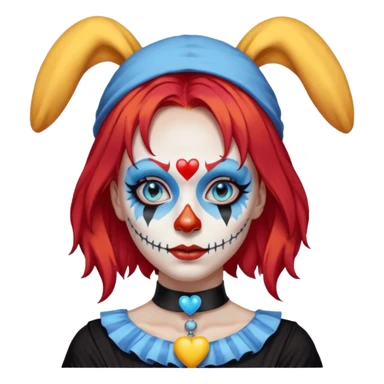 wendy thomas  the clown from gta rp nopixel she has a blue sun covering right eye with three yellow lines below her right eye and above her left eye this is her clown makeup . she has long bright red hair and light blue eyes with ablack heart choker and black bunny ears. with a skeleton shirt sticker