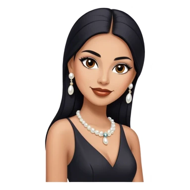 beautiful fit tall woman boss, with long straight black hair, with make up, black eye liner, smile mooth close, mexican, brown skin, wearing beautiful couture outfit and discret white pearl earings sticker