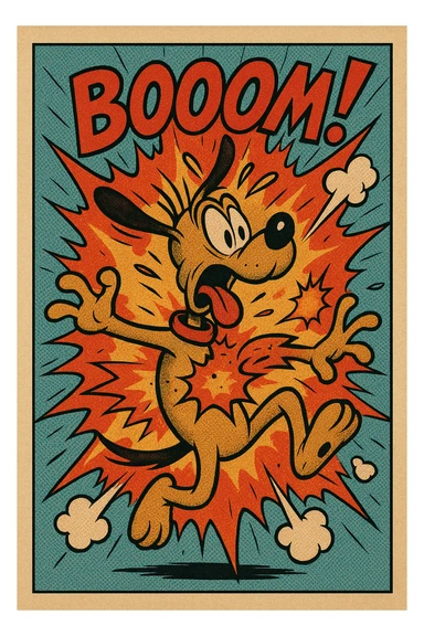 a cartoon dog exploding in a playful, over-the-top way, vibrant colors, comic style sticker