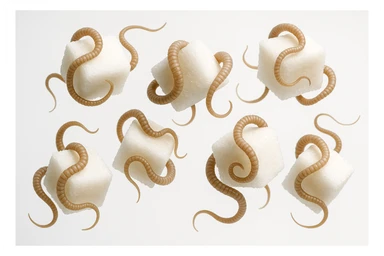 ZOLLETTE DI ZUCCHERO CON PARASSITI TIPO LA TENIA ARROTOLATE INTORNO AD OGNI ZOLLETTA, FLUTTUANO IN ARIA SU SFONDO BIANCO, IPERREALISTICO 4K sticker