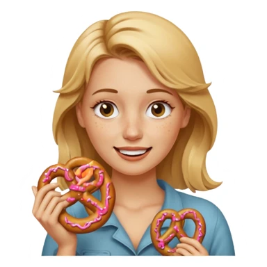 Winking, Dirty blond woman, fair skin with freckles,  holding pretzel sticker