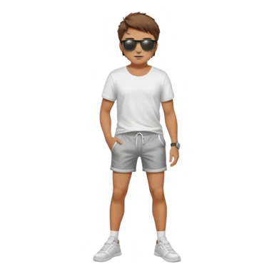 Handsome. Male. Short brown hair. Messy hairstyles. Sunglasses. Sexy pose. Full body. Wearing shorts. White tekkies. Pool background  sticker