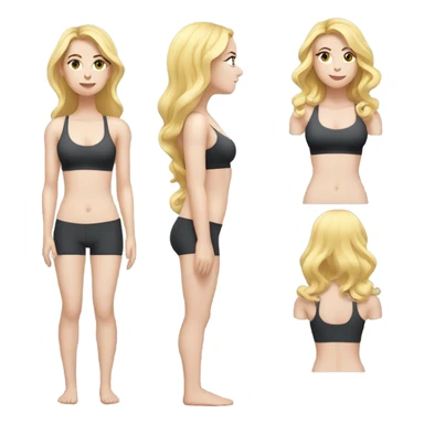 Woman, white skin, pale skin, long hair, blonde hair, wavy hair, standing, sports bra, leggings, measuring around waste sticker