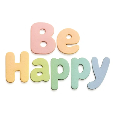"Be Happy" in soft pastel rainbow soft puffy text, kawaii style, no frame, isolated design, transparent background sticker