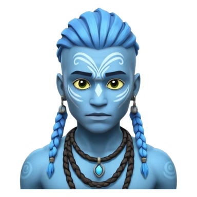 avatar-style Na’vi male portrait, head and shoulders only, blue skin, bioluminescent markings, strong face features, braided hair, tribal necklace, heroic expression, 3D cartoon, mobile game icon style, clean background, no text, no watermark
 sticker