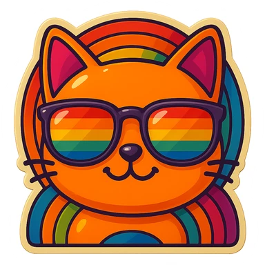 Make the cat smile, keep the same retro stickers aesthetic, rainbow sunglasses, and vibrant colorful background. sticker