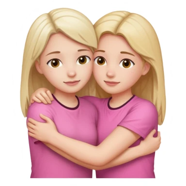 2 girls hugging each other. One is wearing white shirt and the other is wearing pink sticker