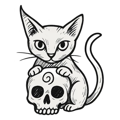 Fix the cat's tail and ear for a more natural look, and return the cat's front paws to the top of the skull. Keep the realistic hand drawn style with dynamic black outlines and no fill. Preserve the charm on the horn, the cat's green eyes, and the red spiral on the skull. Transparent background. sticker