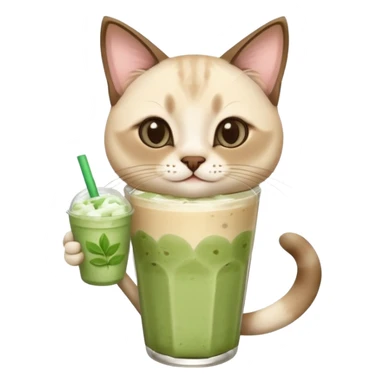Happy Siamese Cat holding in its paws an iced matcha latte sticker