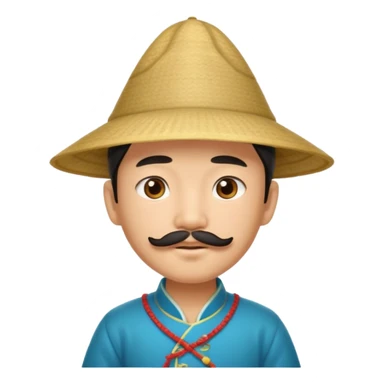 An Asian boy, with little mustache and little beard and a traditional triangle Chinese hat sticker