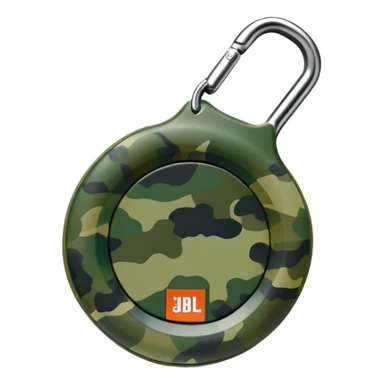 Minimalist JBL Clip 4 speaker with accurate circular shape and integrated carabiner clip at top, green camouflage pattern, iOS emoji style sticker