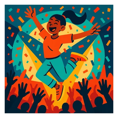 a single dancer jumping with joy at a concert with confetti and hands in the air, dynamic style sticker