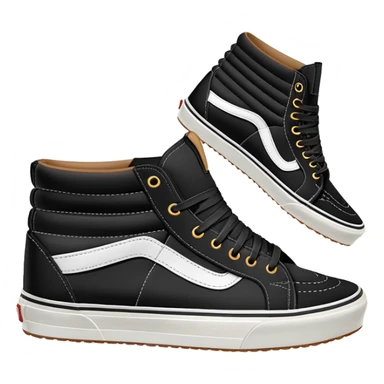 A pair of black Vans Sk8-Hi sneakers arranged with one shoe positioned behind the other, high-top skate shoes with white side stripe and waffle soles sticker