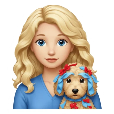 Long blonde hair, blue eyed woman with wavy blond goldendoodle sticker